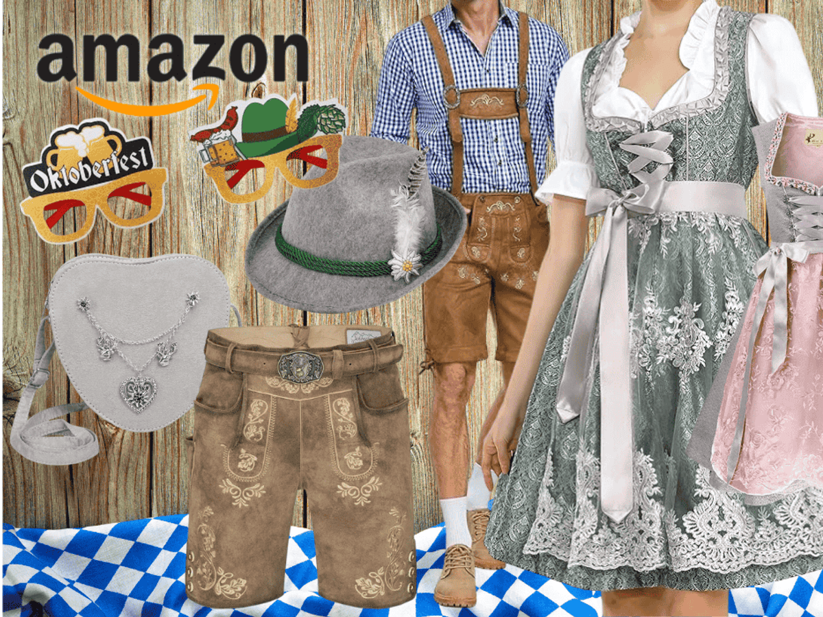 Darstellung von Dirndl, Lederhosen und Trachtenmode-Accessoires vor einem Hintergrund mit Holzoptik und einem blau-weiß karierten Tuch am unteren Bildrand.