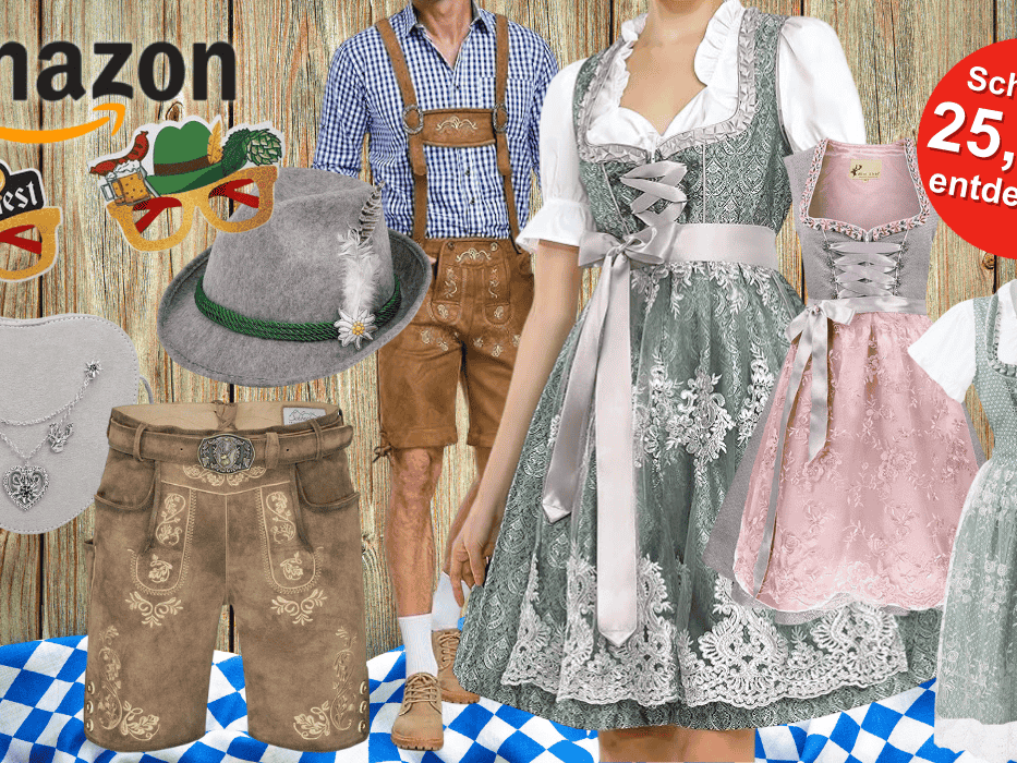 Darstellung von Dirndl, Lederhosen und Trachtenmode-Accessoires vor einem Hintergrund mit Holzoptik und einem blau-weiß karierten Tuch am unteren Bildrand.