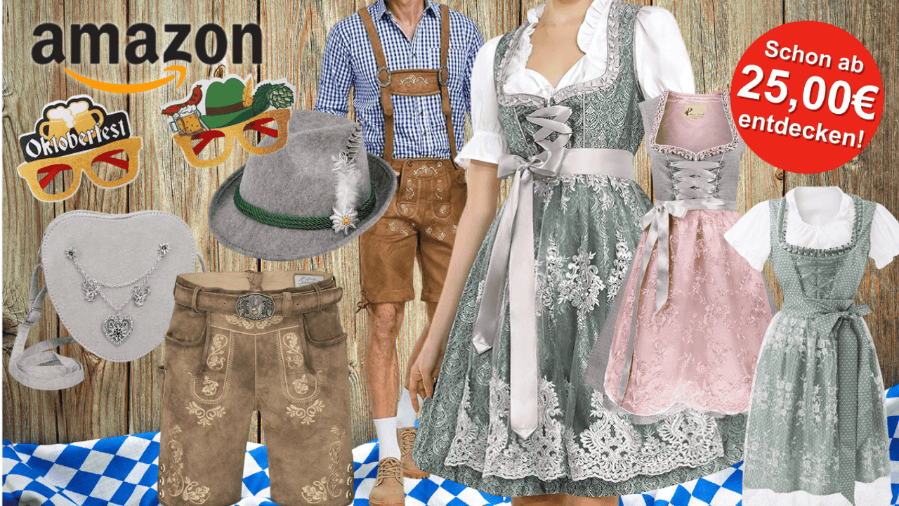 Darstellung von Dirndl, Lederhosen und Trachtenmode-Accessoires vor einem Hintergrund mit Holzoptik und einem blau-weiß karierten Tuch am unteren Bildrand.