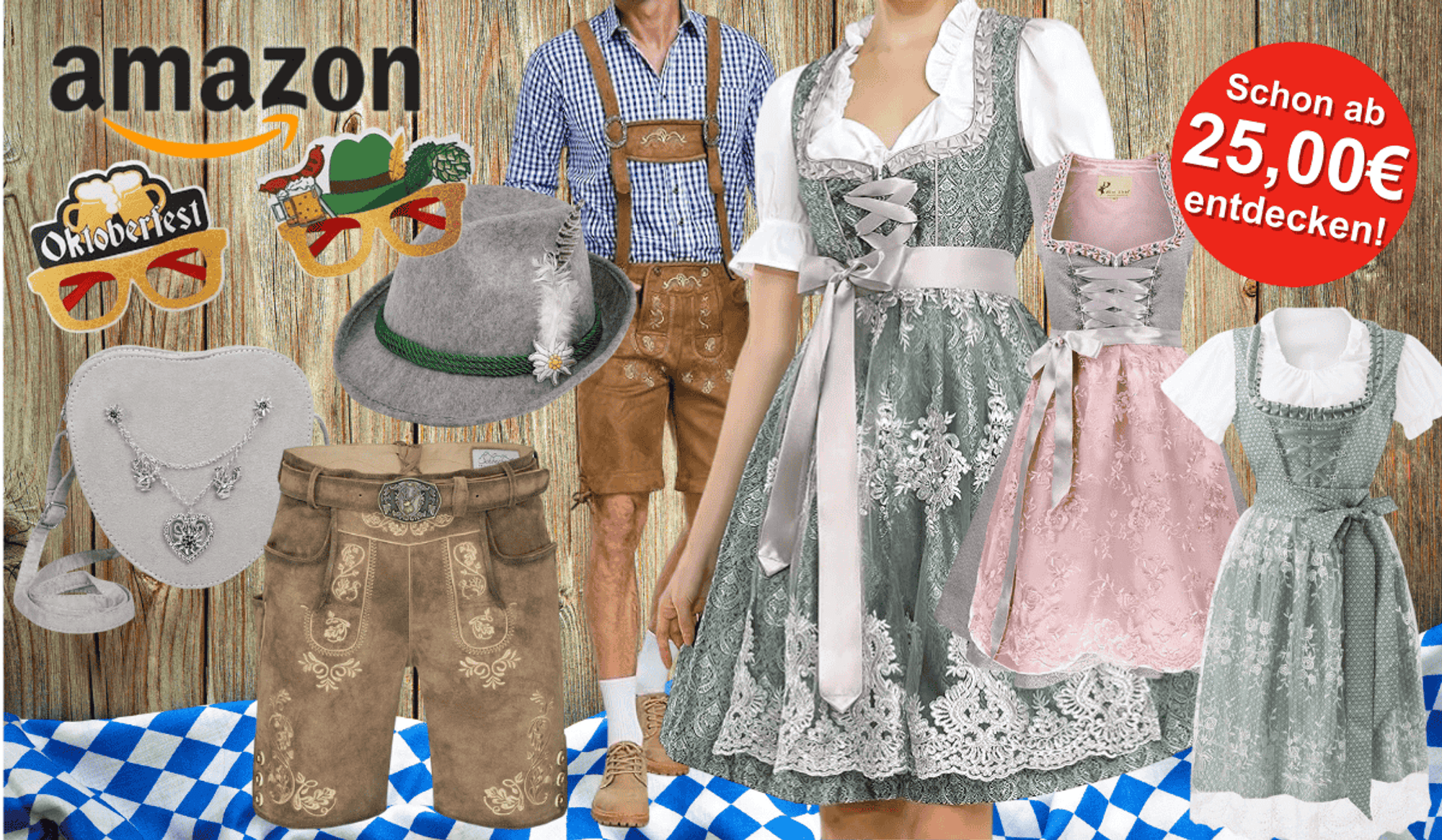 Darstellung von Dirndl, Lederhosen und Trachtenmode-Accessoires vor einem Hintergrund mit Holzoptik und einem blau-weiß karierten Tuch am unteren Bildrand.