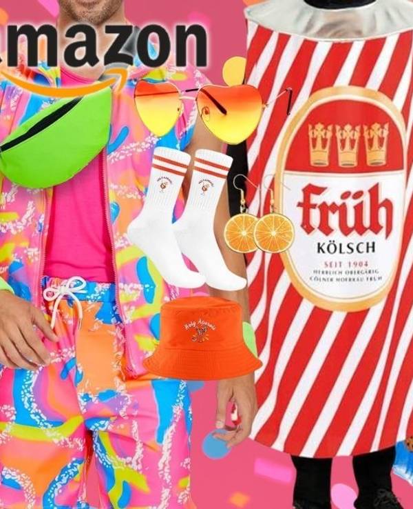Witzige und bunte Kostüme für Damen und Herren vor buntem Konfetti Hintergrund.