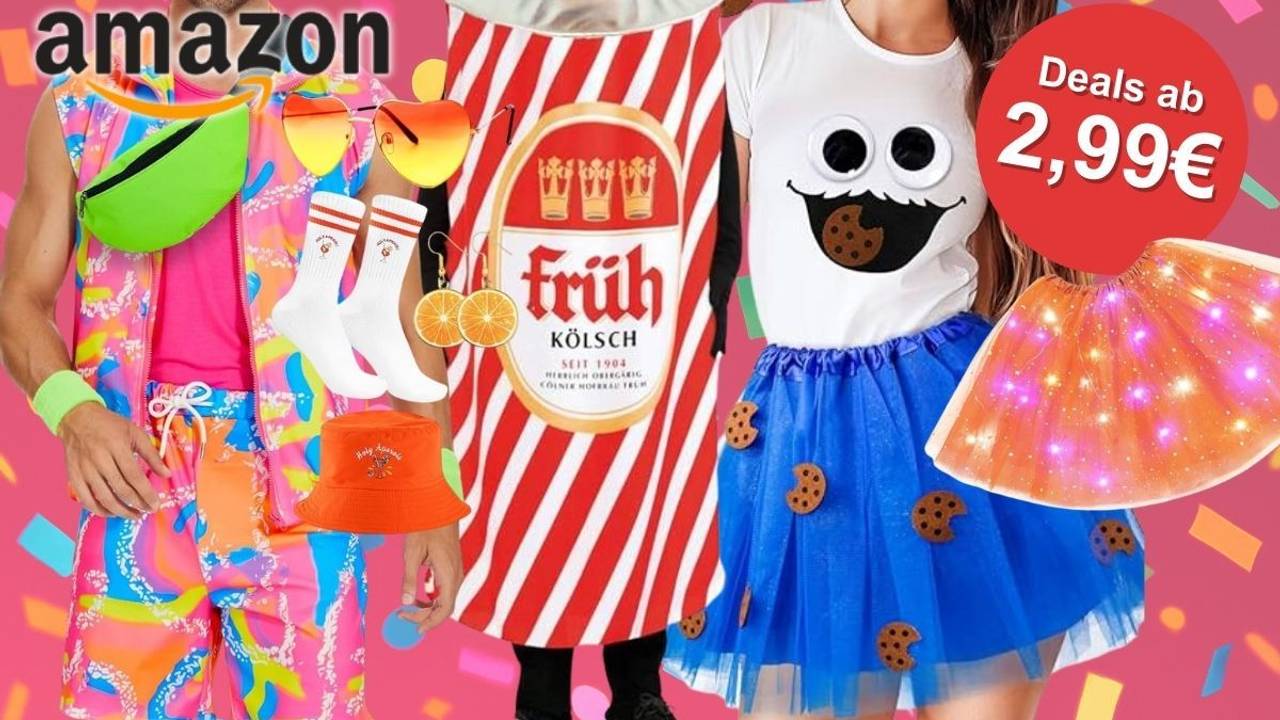 Witzige und bunte Kostüme für Damen und Herren vor buntem Konfetti Hintergrund.