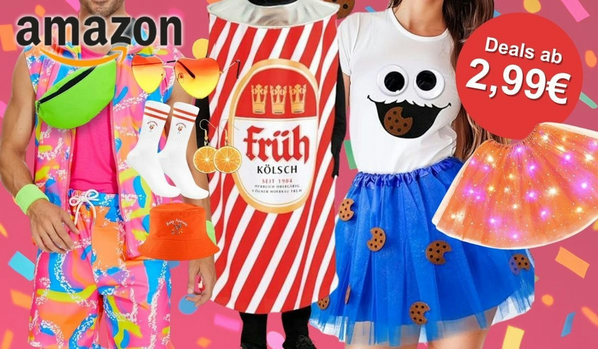 Witzige und bunte Kostüme für Damen und Herren vor buntem Konfetti Hintergrund.