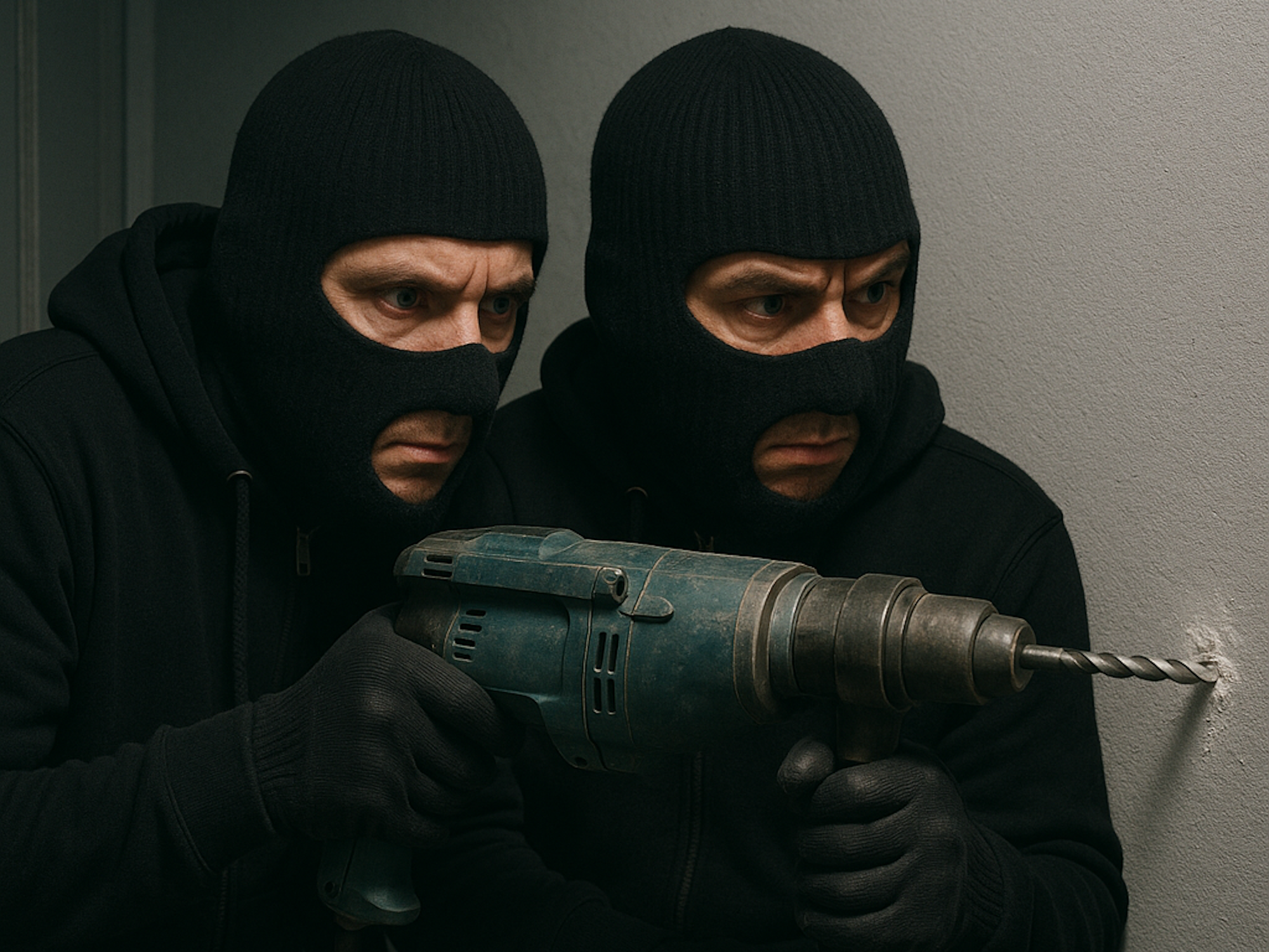 Das Symbolbild wurde mithilfe künstlicher Intelligenz mit ChatGPT erstellt. Dargestellt wird ein Einbruch mit einer Bohrmaschine.