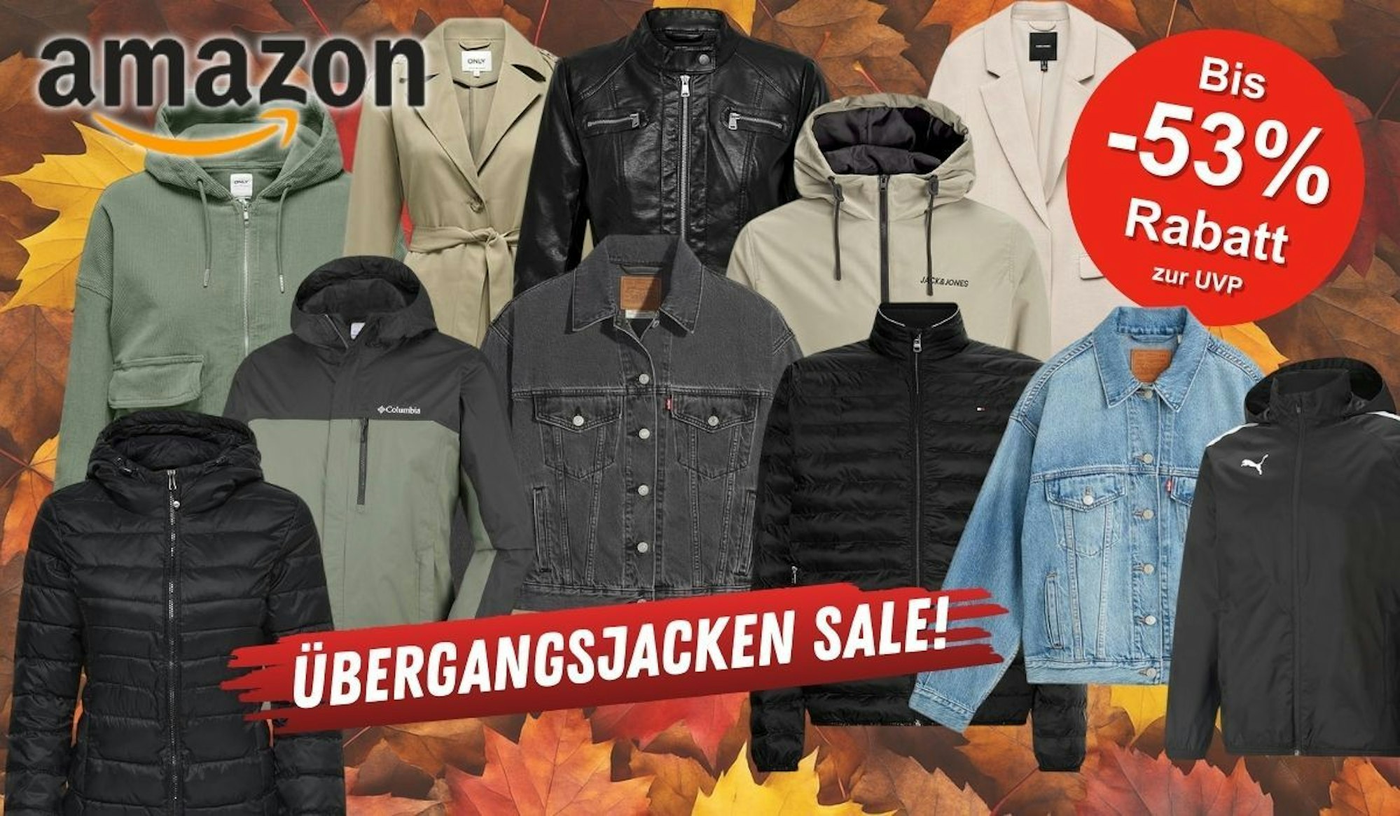 Übergangsjacken unterschiedlicher Marken für Damen und Herren vor einem Hintergrund mit herbstlichen gelb roten Blättern.