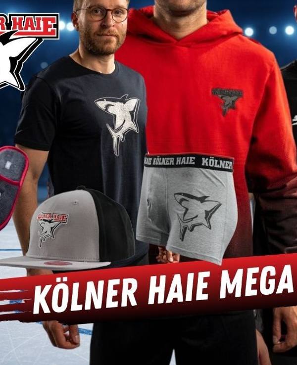 Kölner Haie Fanartikel mit dem Logo des KEC von T-Shirts über Hoodies bis hin zu Geldbörsen, Taschen, Pantoffeln, Boxershorts und mehr. Im Hintergrund ein Eishockeystadion mit Eisfläche.
