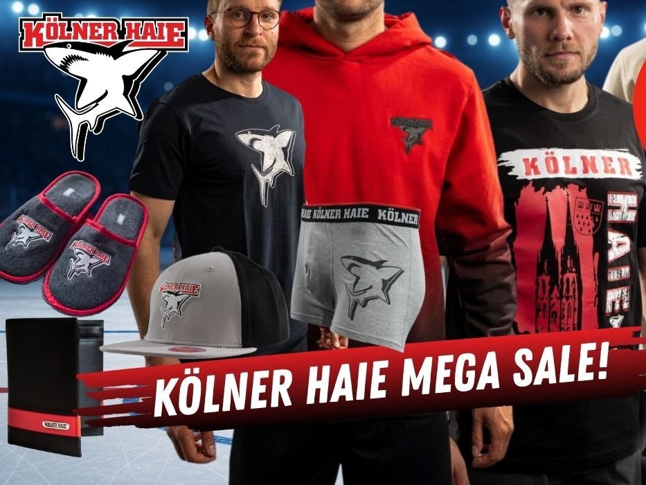 Kölner Haie Fanartikel mit dem Logo des KEC von T-Shirts über Hoodies bis hin zu Geldbörsen, Taschen, Pantoffeln, Boxershorts und mehr. Im Hintergrund ein Eishockeystadion mit Eisfläche.