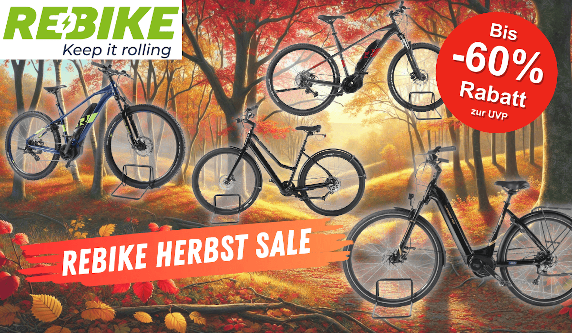 Darstellung verschiedener E-Bike-Modelle von Rebike vor einem Hintergrund, der eine herbstliche Landschaft zeigt.
