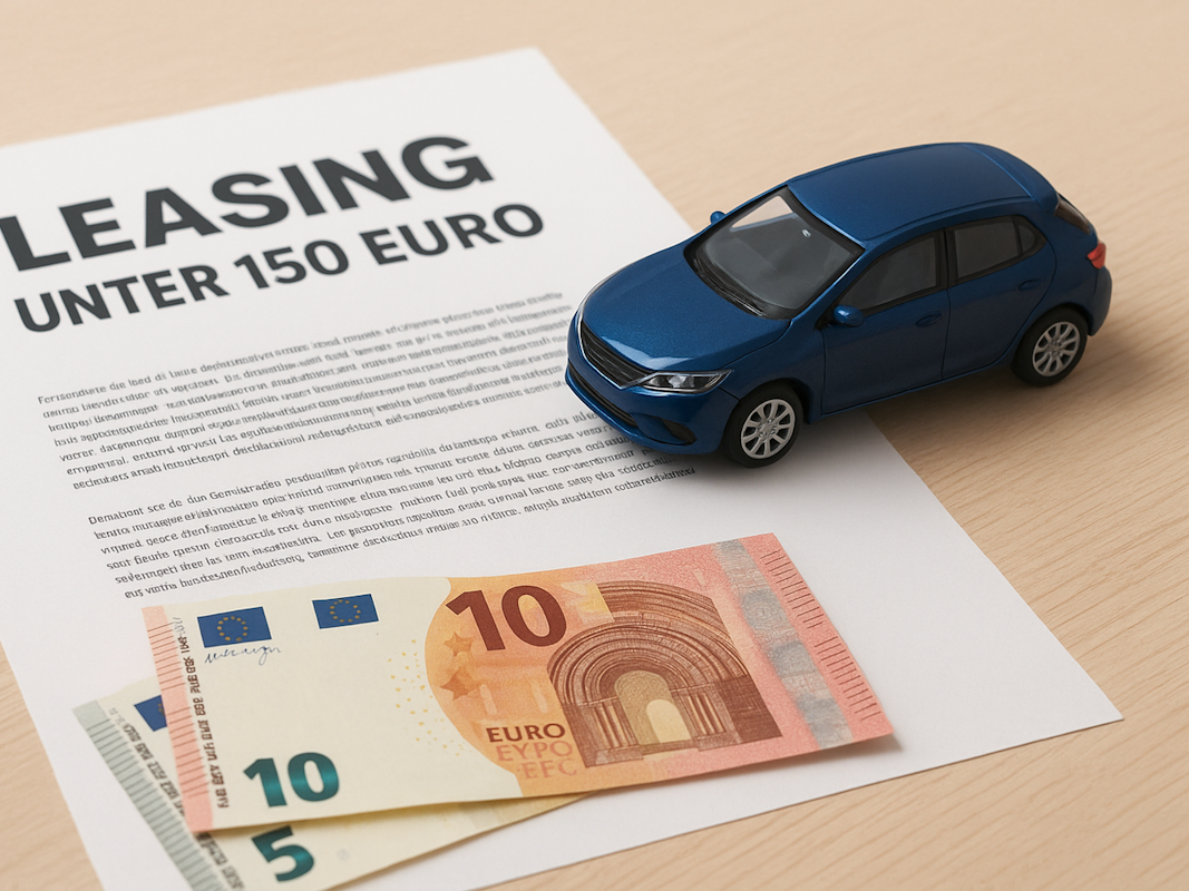 Ein kleines Modellauto steht auf einem Tisch, daneben liegen Geldscheine und ein Schriftstück mit Text "Leasing unter 150 Euro".