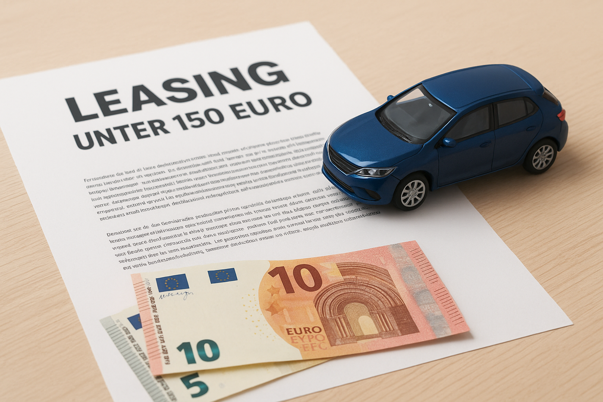 Ein kleines Modellauto steht auf einem Tisch, daneben liegen Geldscheine und ein Schriftstück mit Text "Leasing unter 150 Euro".