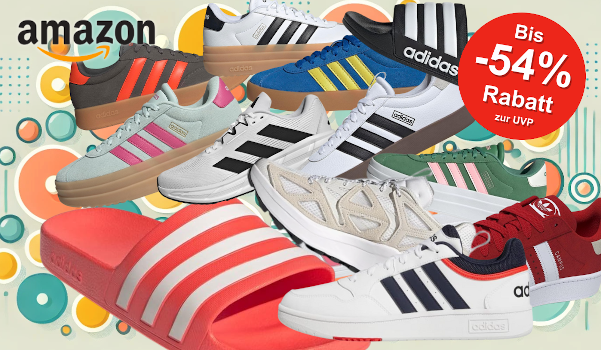 Darstellung verschiedener adidas Sneaker Modelle und Adiletten vor einem Hintergrund mit bunten Kreisen.