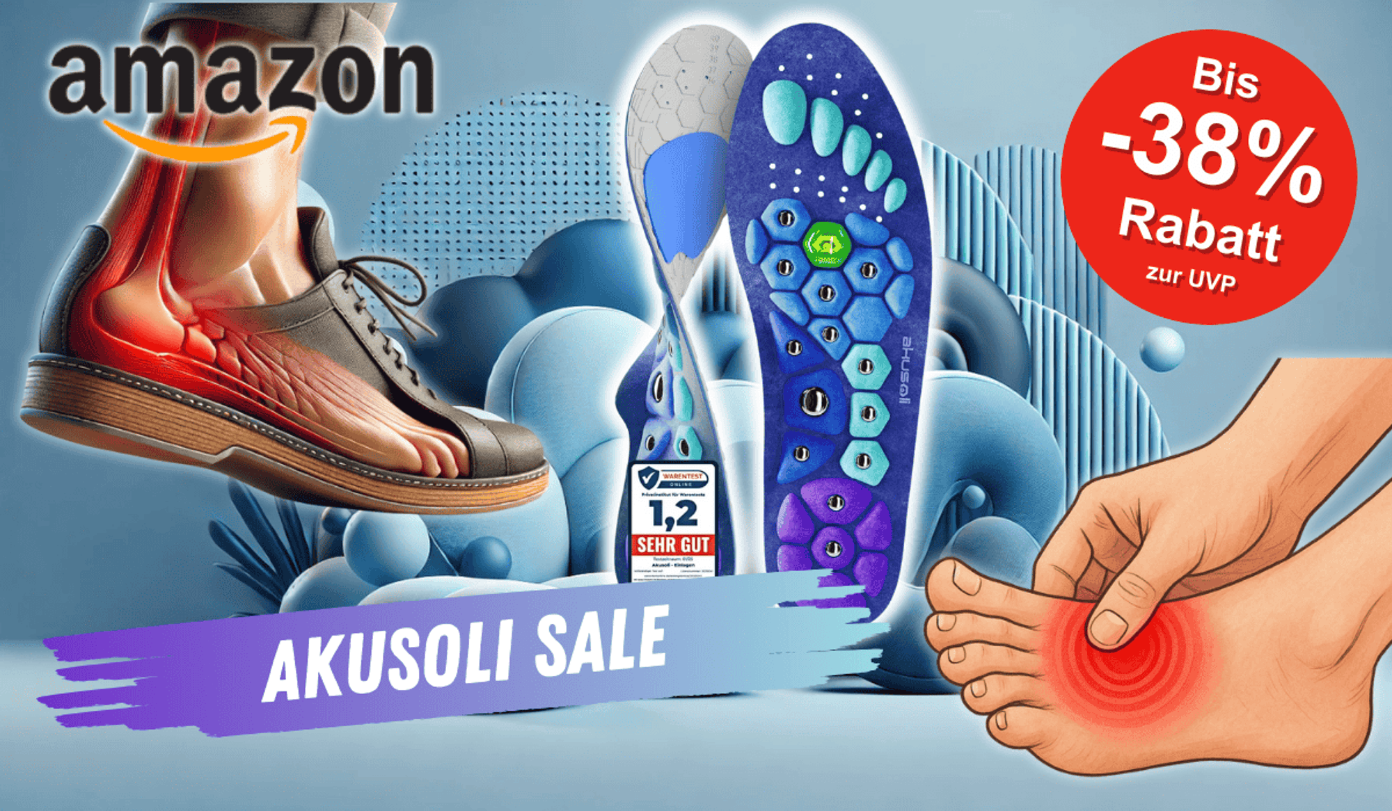 Die Akusoli Einlagen neben zwei Illustrationen von Füßen die Schmerz signalisieren.