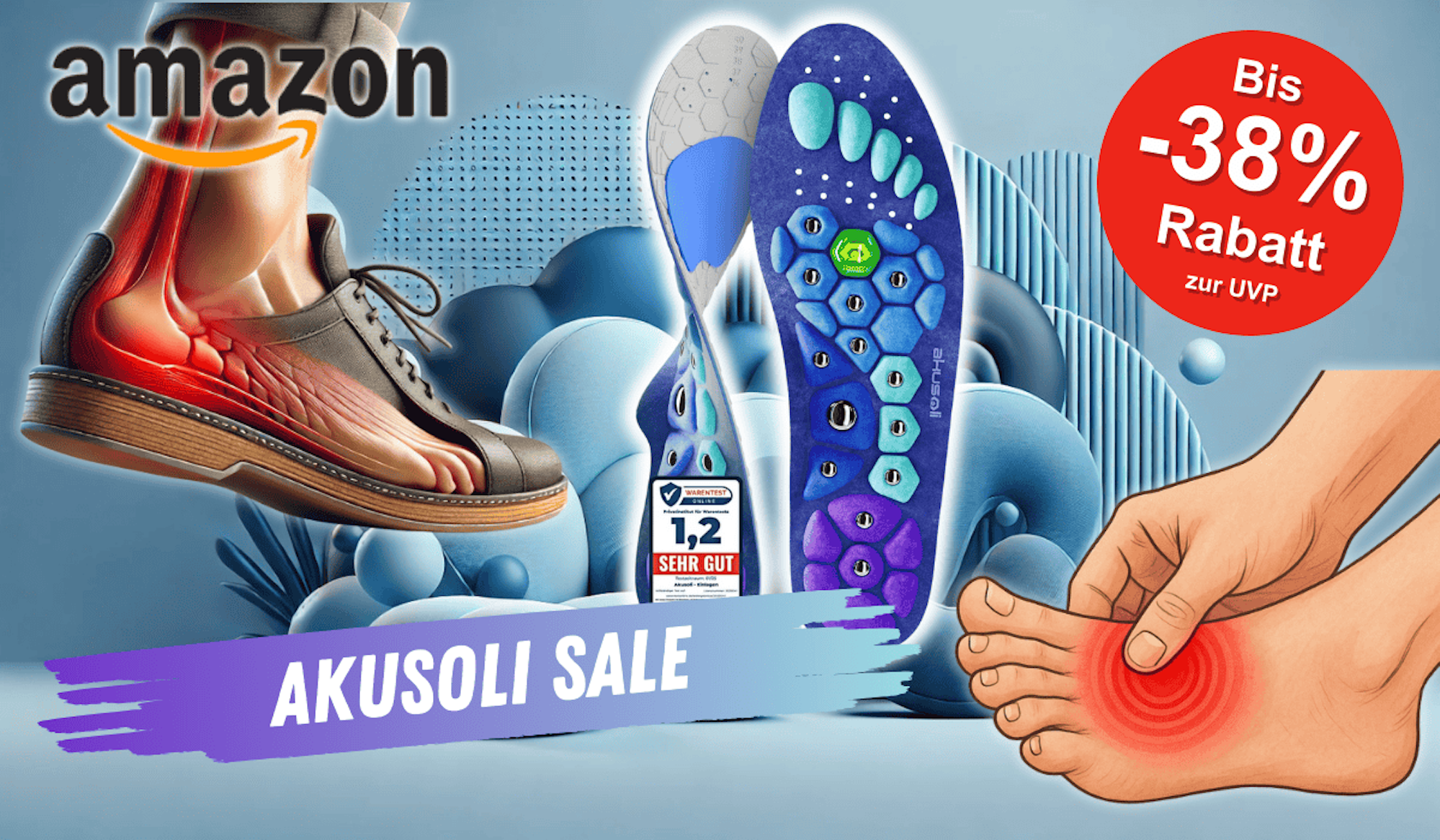 Die Akusoli Einlagen neben zwei Illustrationen von Füßen die Schmerz signalisieren.