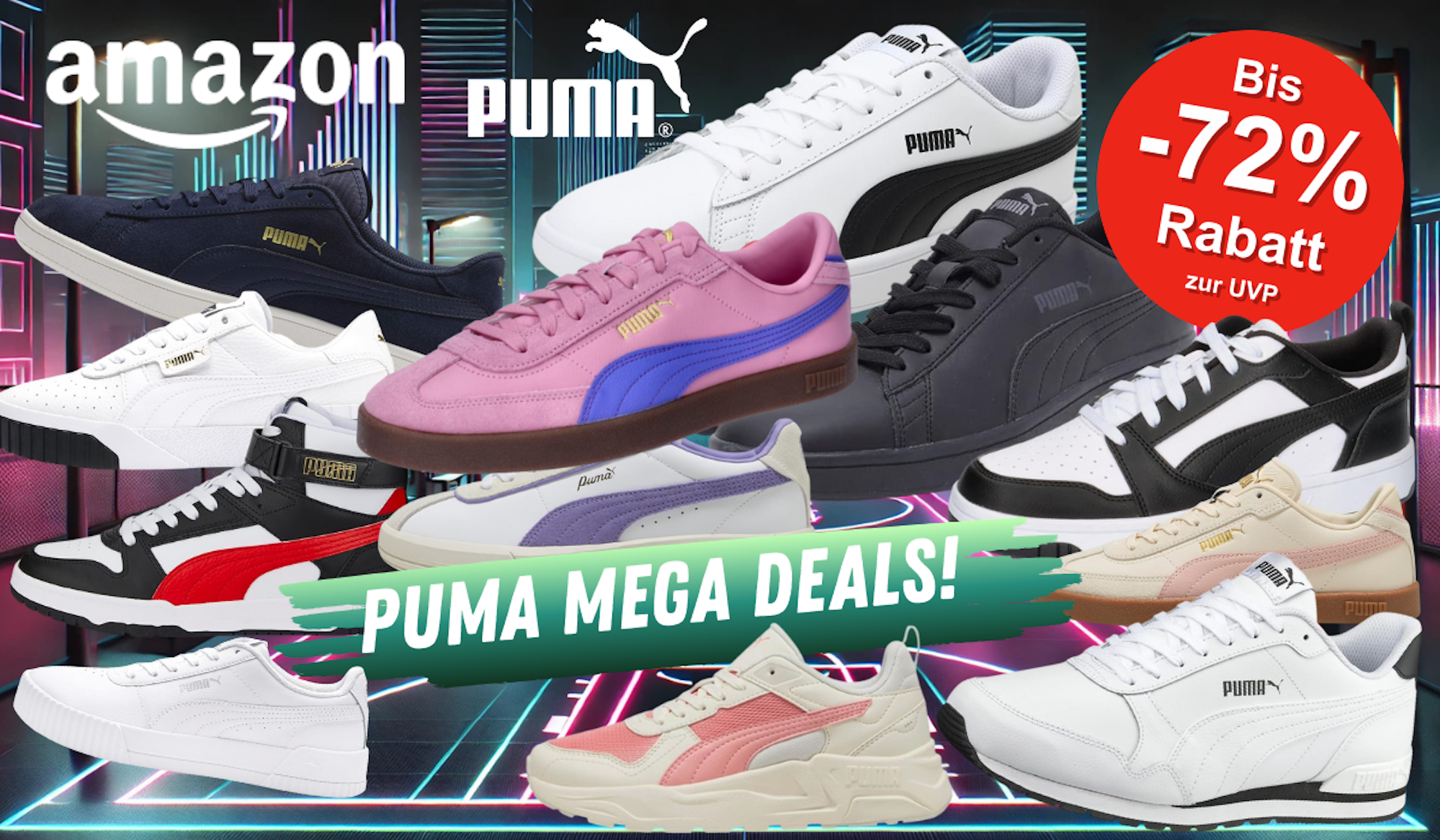 Puma Sneaker Modelle vor einem futuristisch neonfarbenen, urbanen Sportplatz: Puma Unisex Smash V2 Sneaker, Puma Cali, Carina Lift Snake oder Puma St Runner.