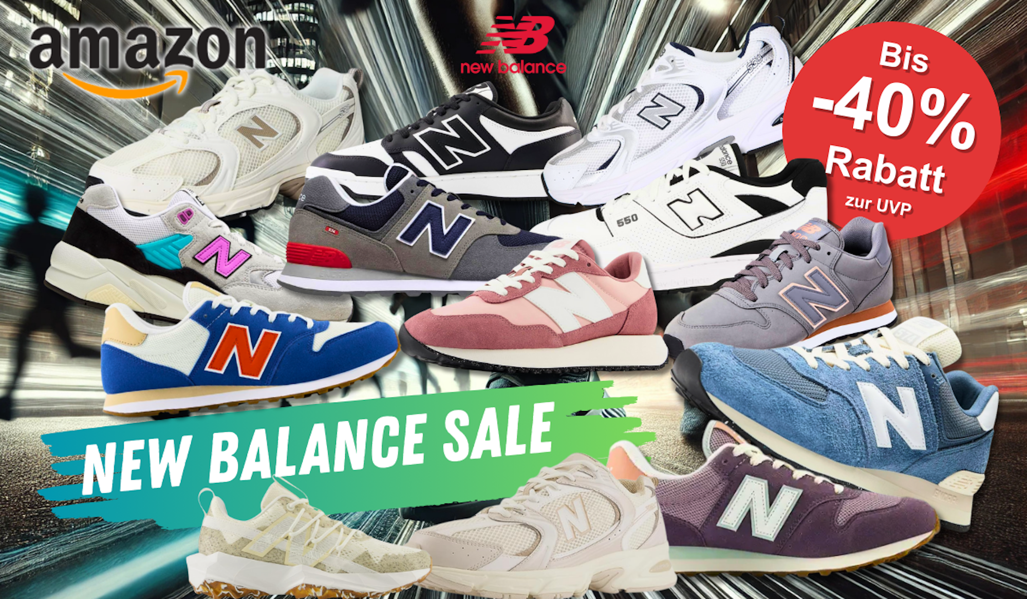 Auf dem Bild sind viele unterschiedliche Modelle der Marke New Balance zu sehen.