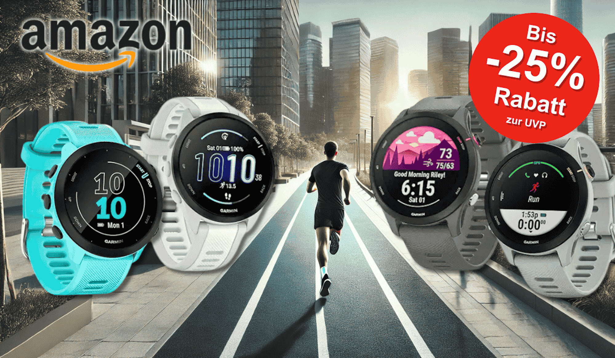 4 Verschiedene Garmin Forerunner-Modelle vor einem City Hintergrund.