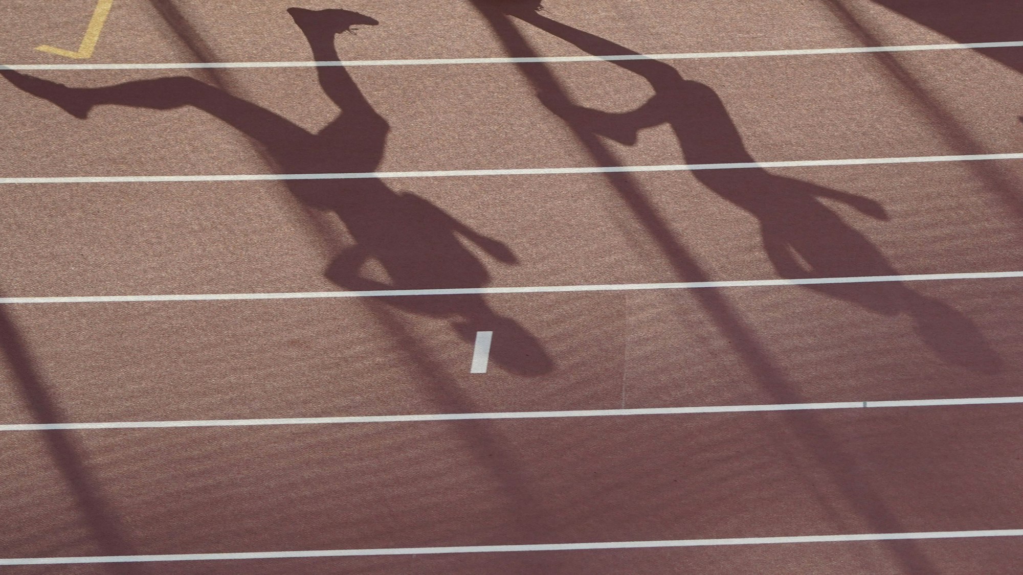 Die Athleten werfen lange Schatten auf die Laufbahn.