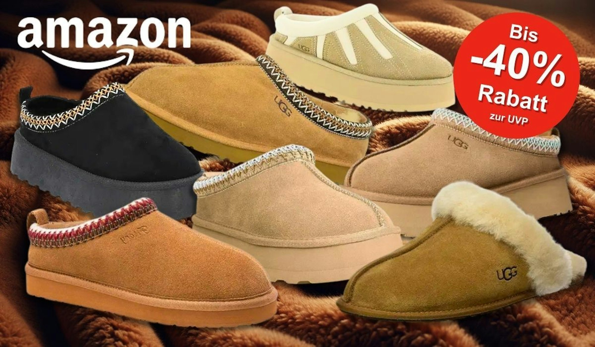 UGG Boots in verschiedenen Farben und Modellen vor einem Hintergrund weichen Plüsch Hintergrund.