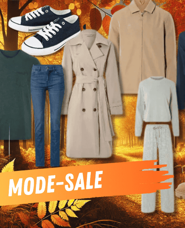 Verschiedene Kleidungsstücke und Schuhe für Damen und Herren vor einem herbstlichen Hintergrund.