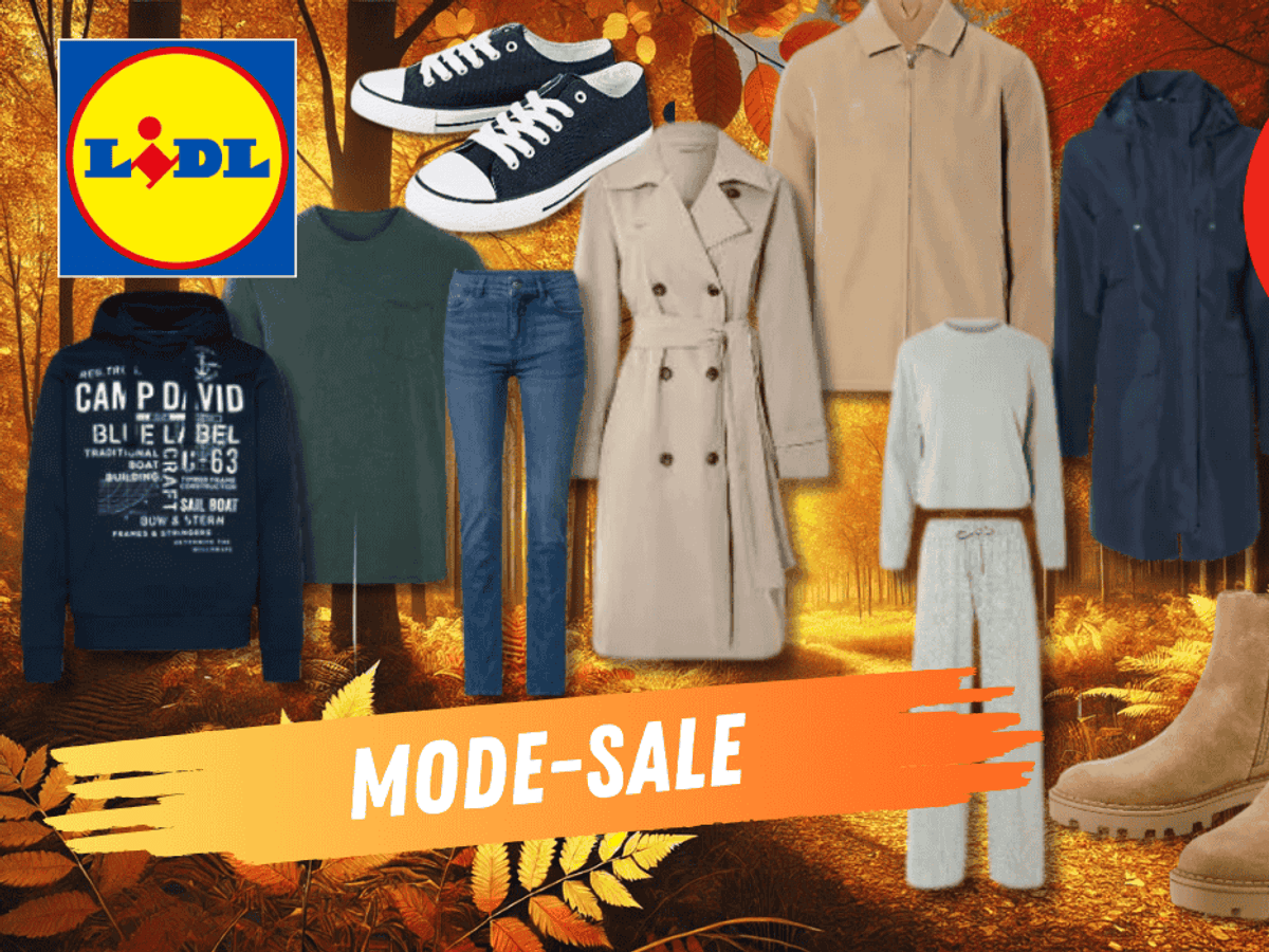 Verschiedene Kleidungsstücke und Schuhe für Damen und Herren vor einem herbstlichen Hintergrund.