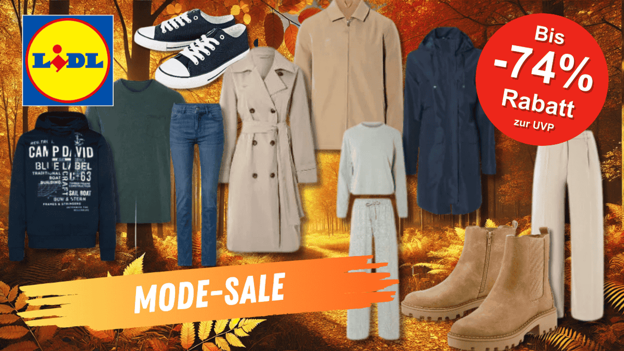 Verschiedene Kleidungsstücke und Schuhe für Damen und Herren vor einem herbstlichen Hintergrund.