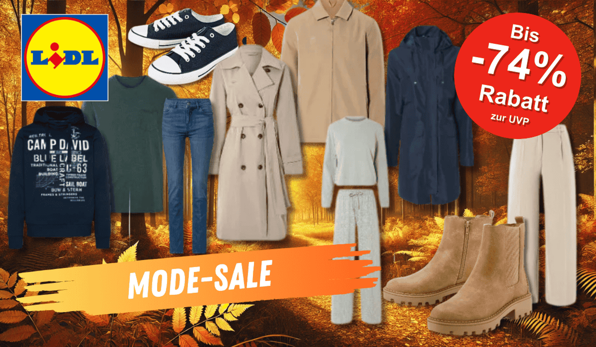 Verschiedene Kleidungsstücke und Schuhe für Damen und Herren vor einem herbstlichen Hintergrund.
