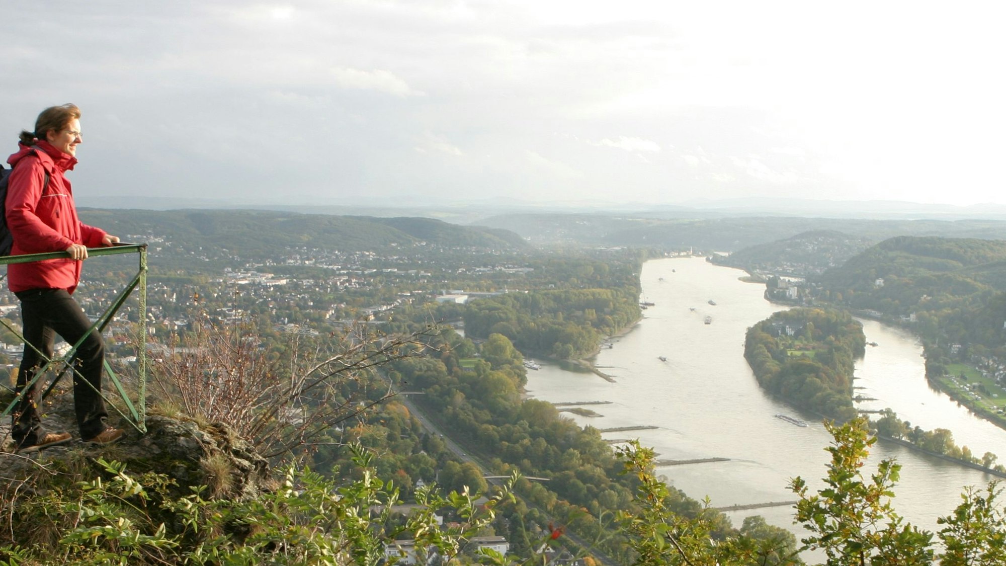 Eine Frau schaut von einer Aussichtskanzel am Drachenfels auf den Rhein im Tal.