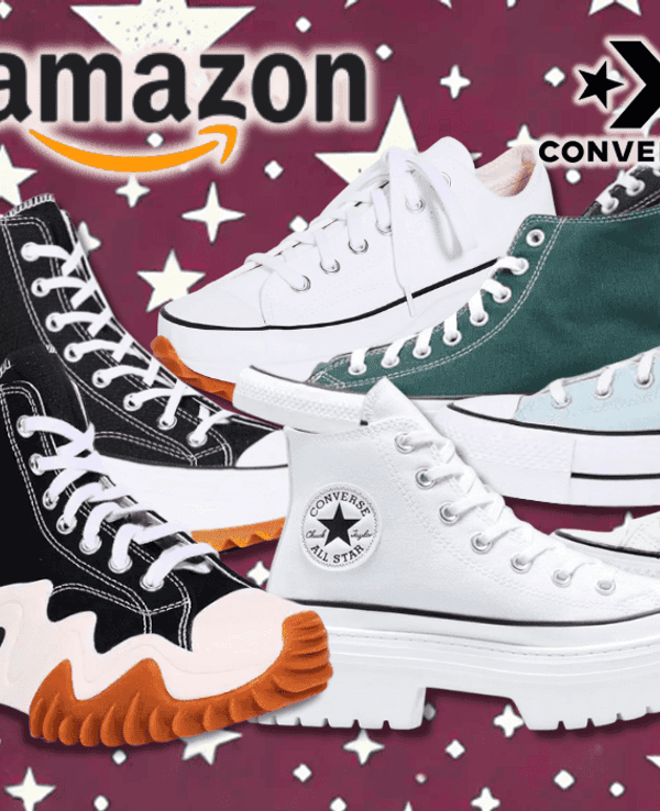 Eine Auswahl von Converse Sneaker in verschiedenen Farben und Ausführungen vor einem roten Hintergrund mit weißen Sternen.