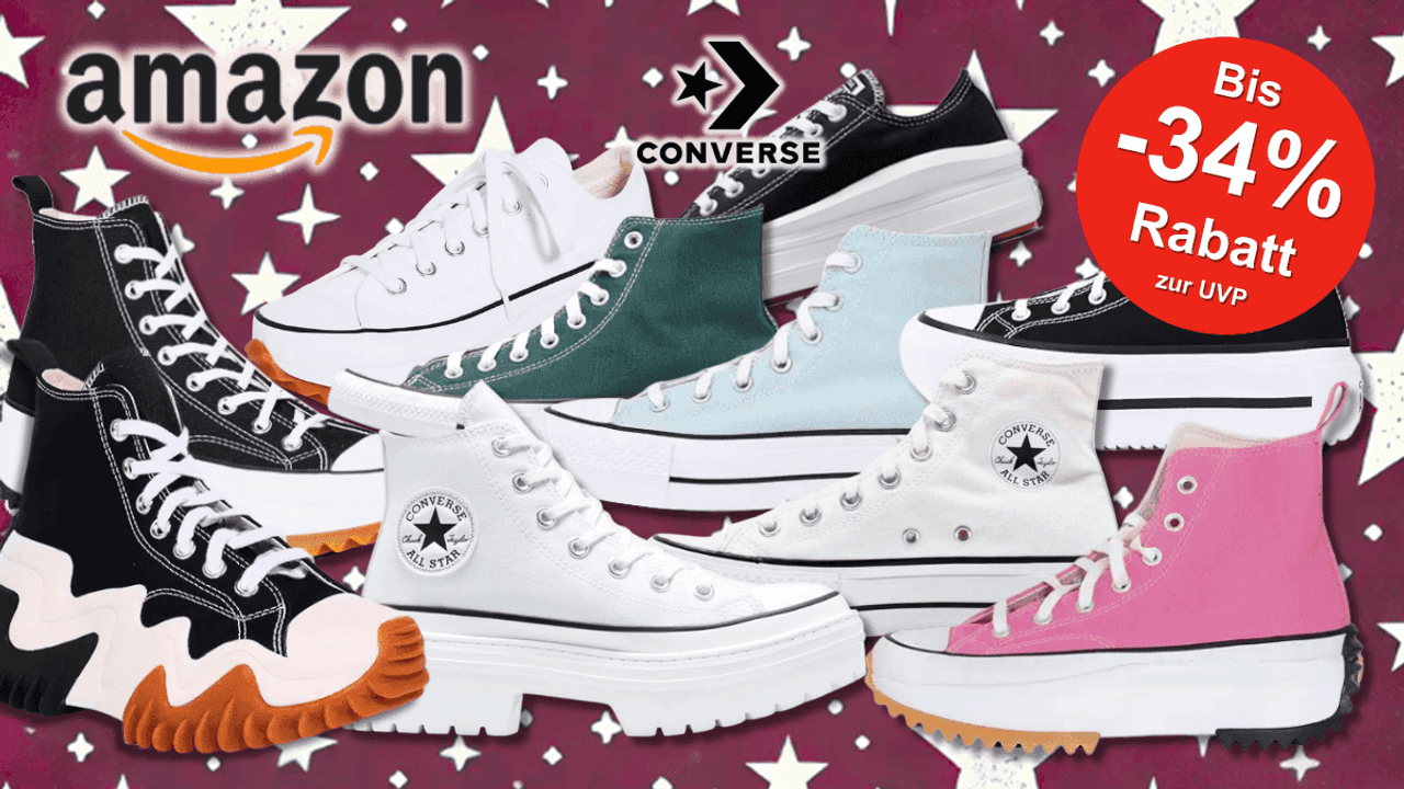 Eine Auswahl von Converse Sneaker in verschiedenen Farben und Ausführungen vor einem roten Hintergrund mit weißen Sternen.