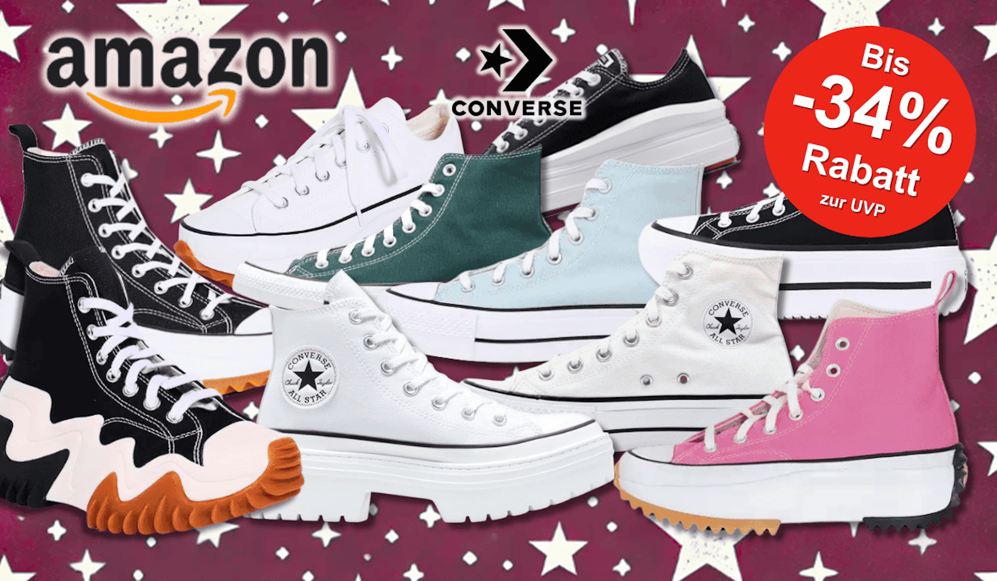Eine Auswahl von Converse Sneaker in verschiedenen Farben und Ausführungen vor einem roten Hintergrund mit weißen Sternen.