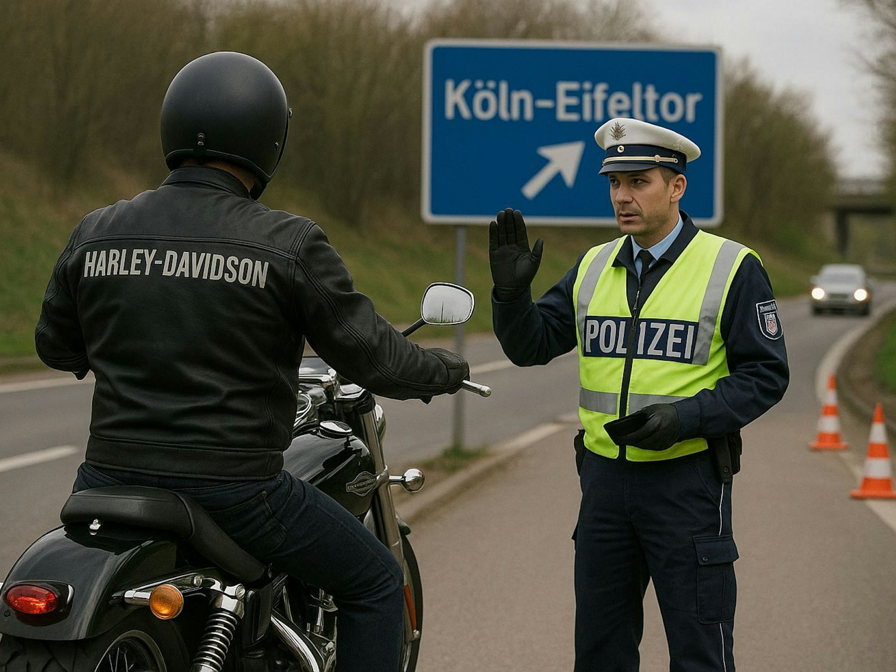 Das Symbolbild wurde mithilfe künstlicher Intelligenz mit ChatGPT erstellt. Dargestellt wird eine Motorradkontrolle der Polizei im Bereich Köln-Eifeltor.