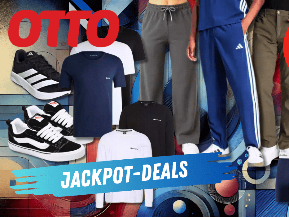 Verschiedene Mode Artikel wie Hosen, Shirts, Unterwäsche und Sneaker vor einem rot/blauen Hintergrund.