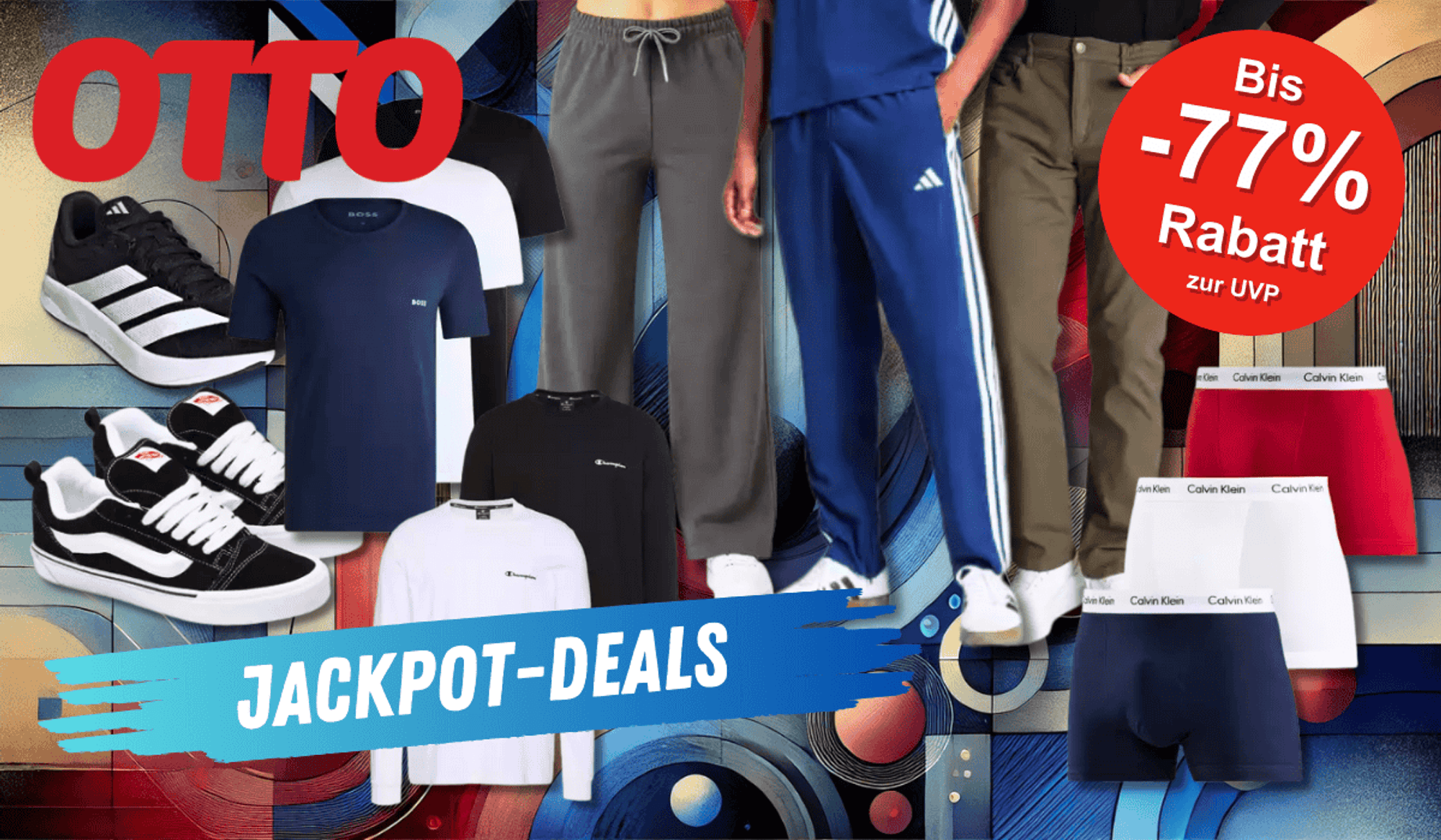 Verschiedene Mode Artikel wie Hosen, Shirts, Unterwäsche und Sneaker vor einem rot/blauen Hintergrund.