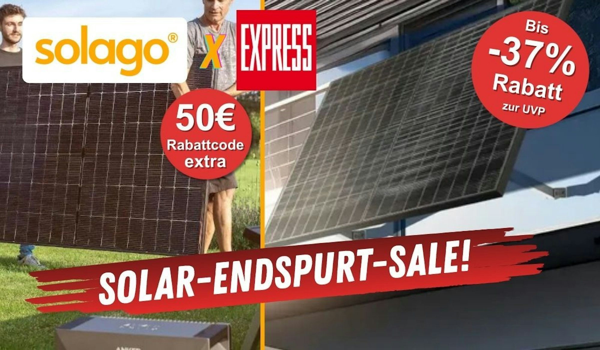 Ein Solarpanel hängend an einem Gitterbalkon. Zwei Männer installieren ein Solago Balkonkraftwerk Solarpanel im Garten.