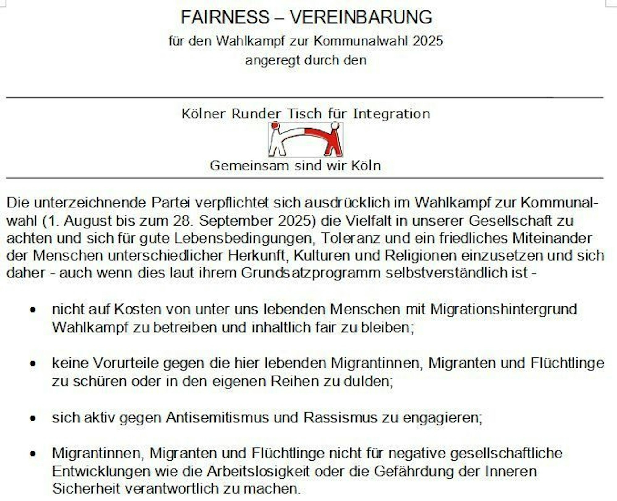 Ein Dokument mit dem Titel Fairness-Vereinbarung und den Logos von CDU, SPD, Grünen, FDP, Die Linke und Volt.