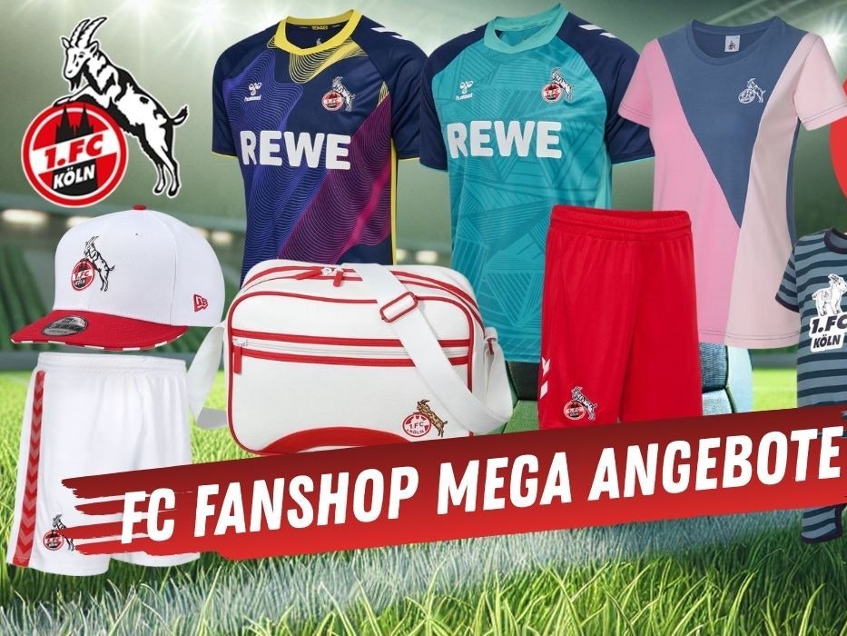 FC Trikots, Fan-Shirts, Accessoires, FC Trikots der Saison 2024/25 vor einem Fußballplatz Hintergrund.