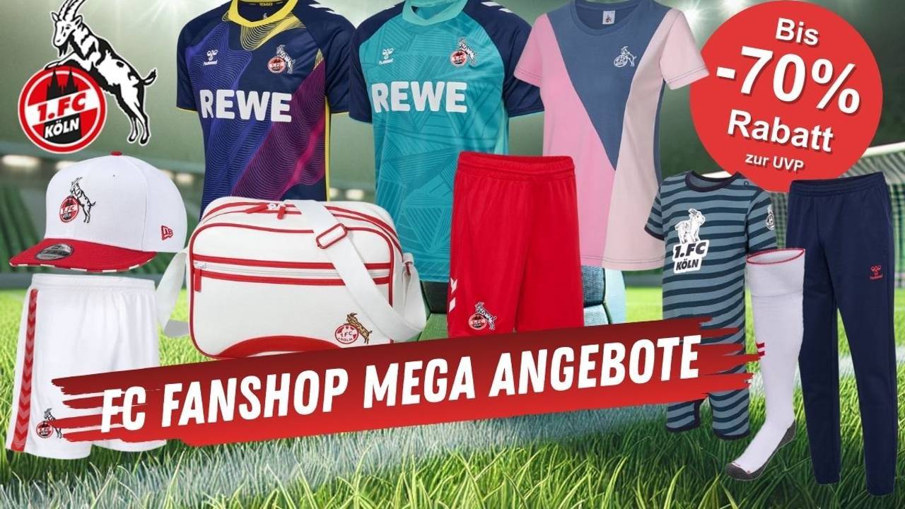 FC Trikots, Fan-Shirts, Accessoires, FC Trikots der Saison 2024/25 vor einem Fußballplatz Hintergrund.