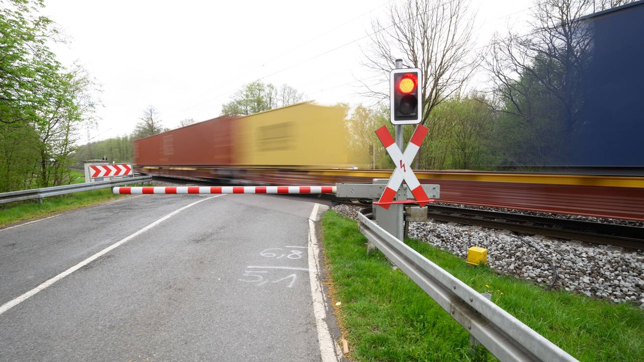 Ein Güterzug passiert einen Bahnübergang (Symbolfoto)
