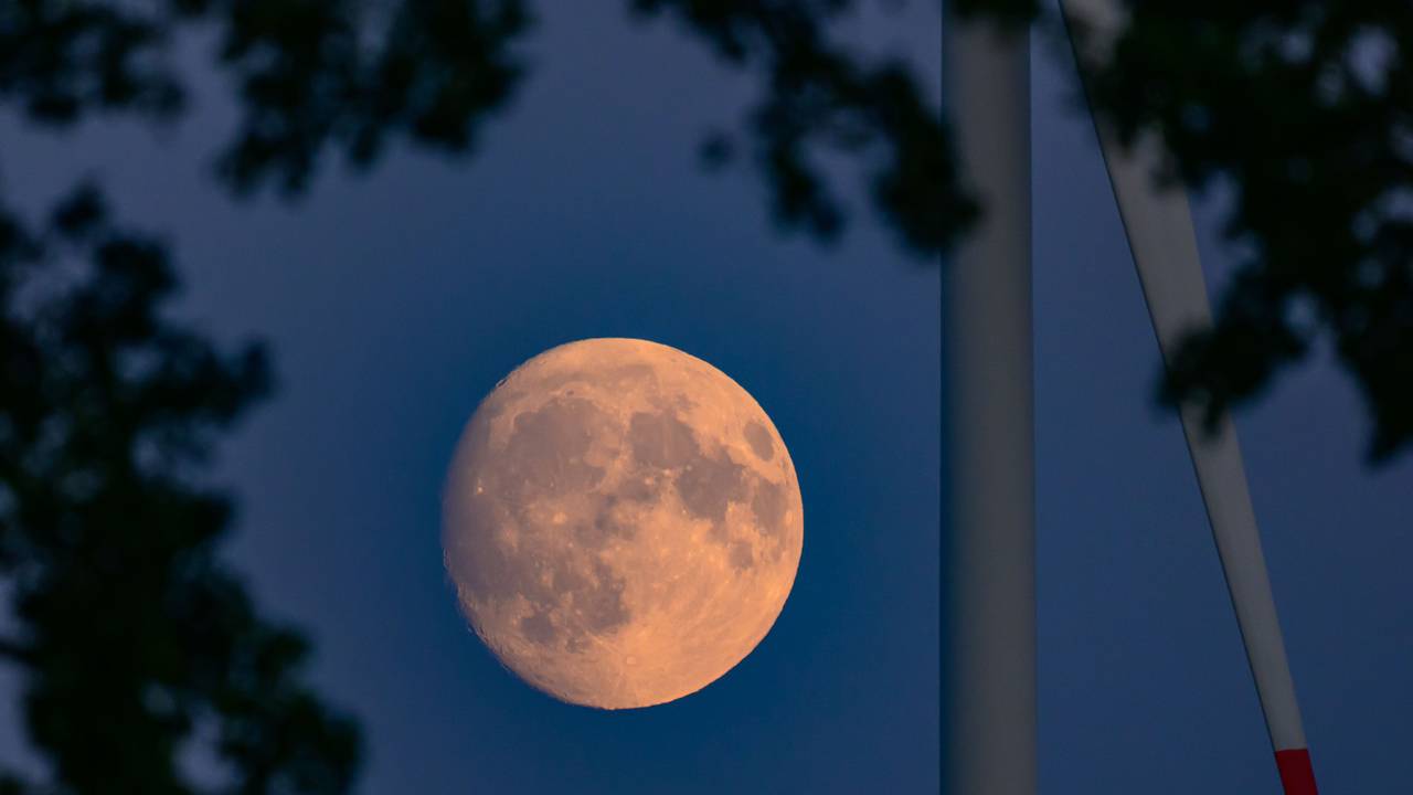 Der Mond ist kurz nach seinem Aufgang neben einer Windenergieanlage zu sehen. Am 7. September 2025 findet eine totale Mondfinsternis statt. Die Chancen auf dieses himmlische Ereignis am Sonntag live zu sehen sind laut dem Deutschen Wetterdienst (DWD) vor allem im Süden und Nordosten Deutschlands hoch.
