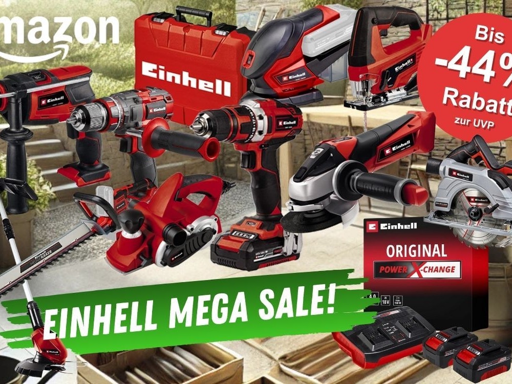Einhell Werkzeug vor einem Gartenhintergrund mit Werkbank usw.. Davor Einhell Akku Bohrschrauber, Stichsäge, Rasentrimmer, Akku Starter-Set mit Ladegerät, Elektrohobel, Kreissäge, Winkelschleifer, Multifunktionswerkzeug, Werkzeugkoffer.
