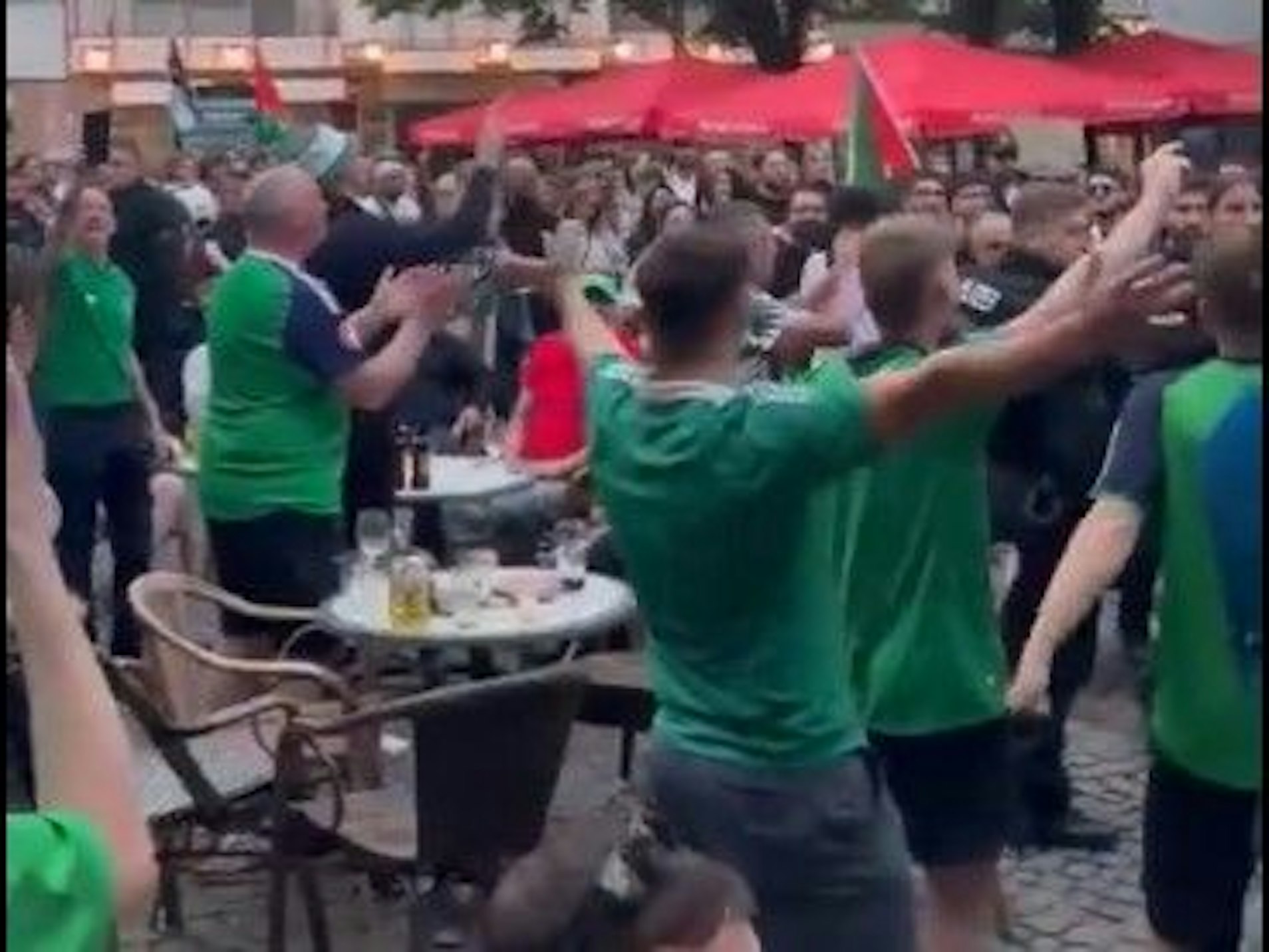 Die nordirischen Fußballfans lagen sich singend in den Armen, während die Pro-Palästina-Demo an ihnen vorbeizog.