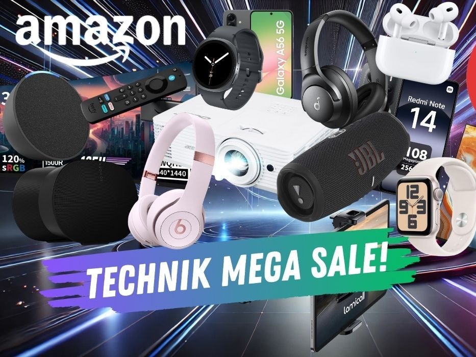 Viele Technik, Computer, Audio und Video und Smarthome Geräte wie Amazon Fire TV, Apple AirPods, JBL Box, Samsung Smartwatch, Acer Beamer, Soundcore Kopfhörer und mehr vor einem technischen Science-Fiction Hintergrund mit Lichteffekten und glänzenden Oberflächen.