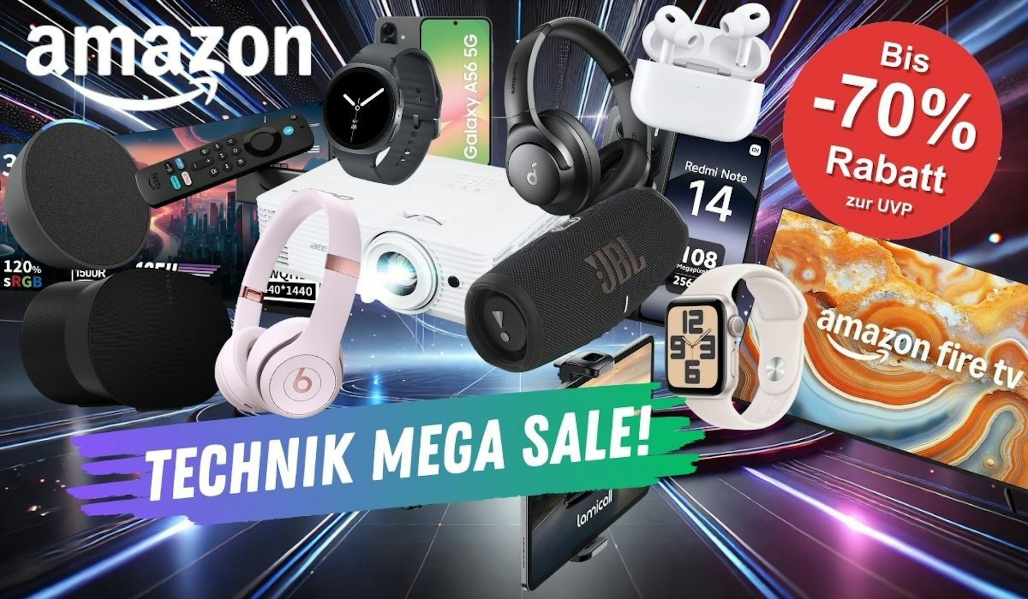 Viele Technik, Computer, Audio und Video und Smarthome Geräte wie Amazon Fire TV, Apple AirPods, JBL Box, Samsung Smartwatch, Acer Beamer, Soundcore Kopfhörer und mehr vor einem technischen Science-Fiction Hintergrund mit Lichteffekten und glänzenden Oberflächen.