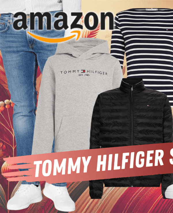 Darstellung verschiedener Tommy Hilfiger Produkte wie Pullover, Jacken, Gürtel, Stiefeletten und mehr.