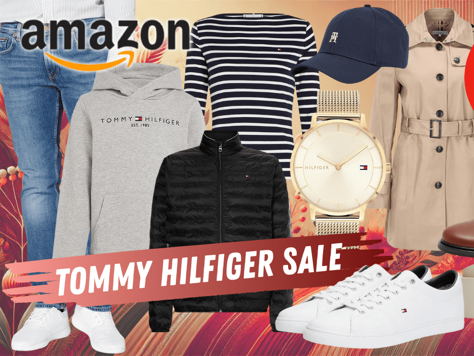 Darstellung verschiedener Tommy Hilfiger Produkte wie Pullover, Jacken, Gürtel, Stiefeletten und mehr.
