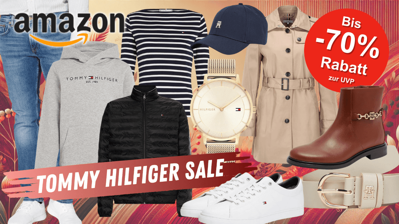 Darstellung verschiedener Tommy Hilfiger Produkte wie Pullover, Jacken, Gürtel, Stiefeletten und mehr.