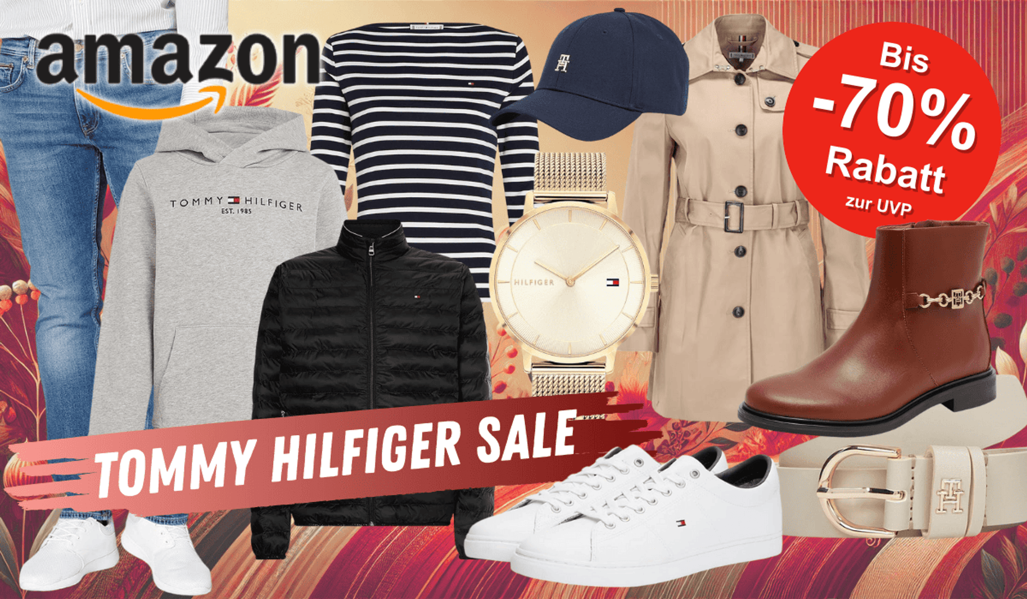Darstellung verschiedener Tommy Hilfiger Produkte wie Pullover, Jacken, Gürtel, Stiefeletten und mehr.