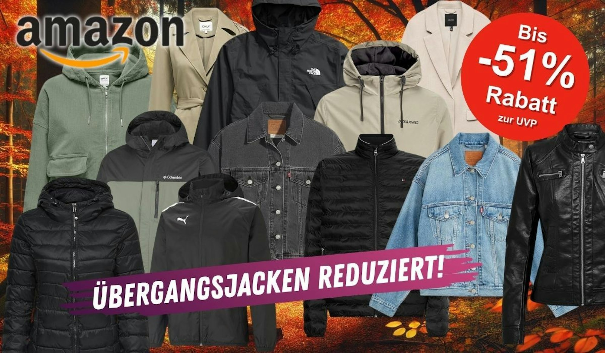 Übergangsjacken für Damen und Herren von Marken wie The North Face, Jack Jones, Columbia, Puma, Levis, Only vor einem Hintergrund in einem sonnigen Herbstwald mit bunten Blättern.