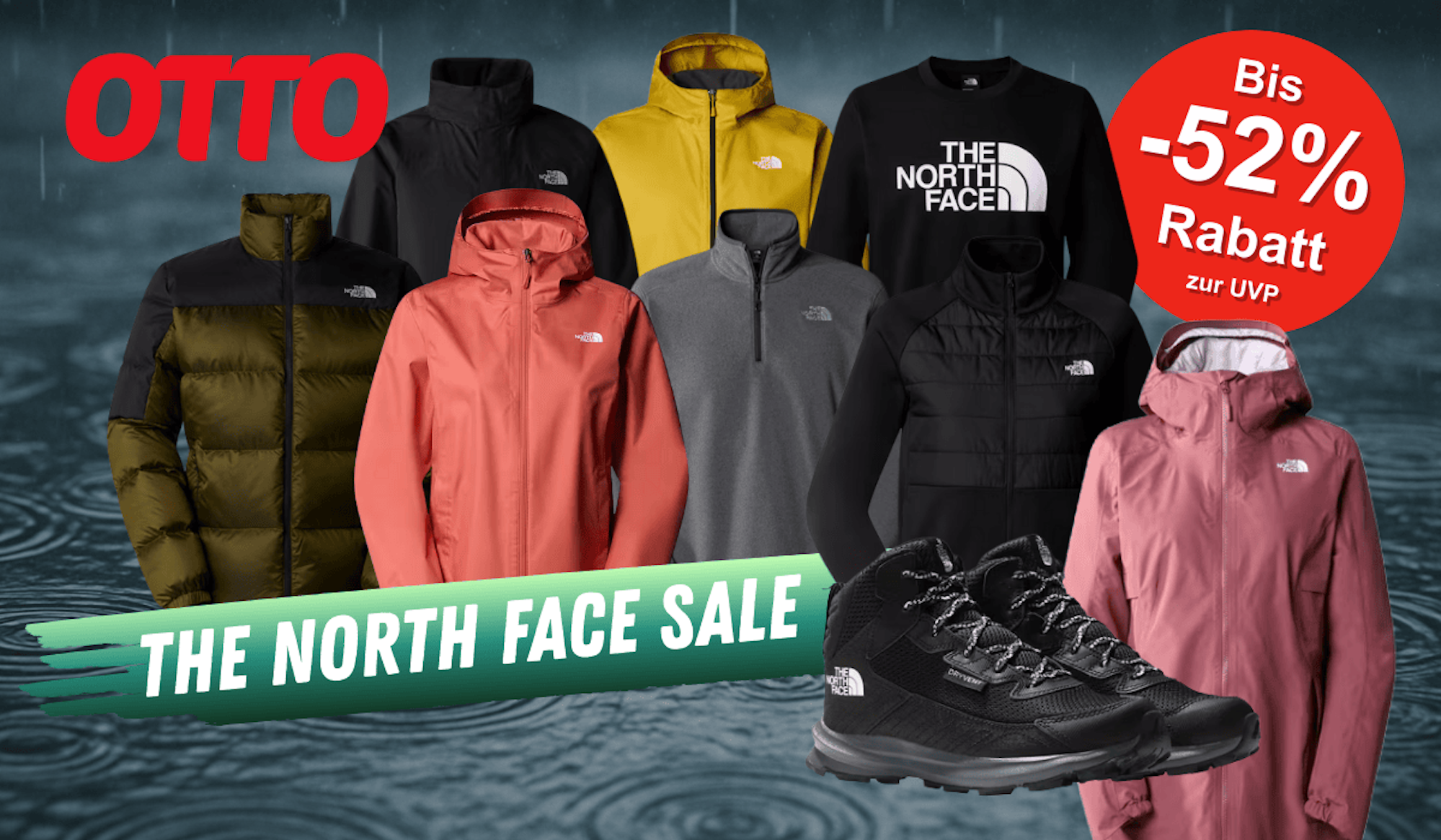 Darstellung verschiedener The North Face Produkte vor einem Hintergrund mit Pfützen und Wasser.