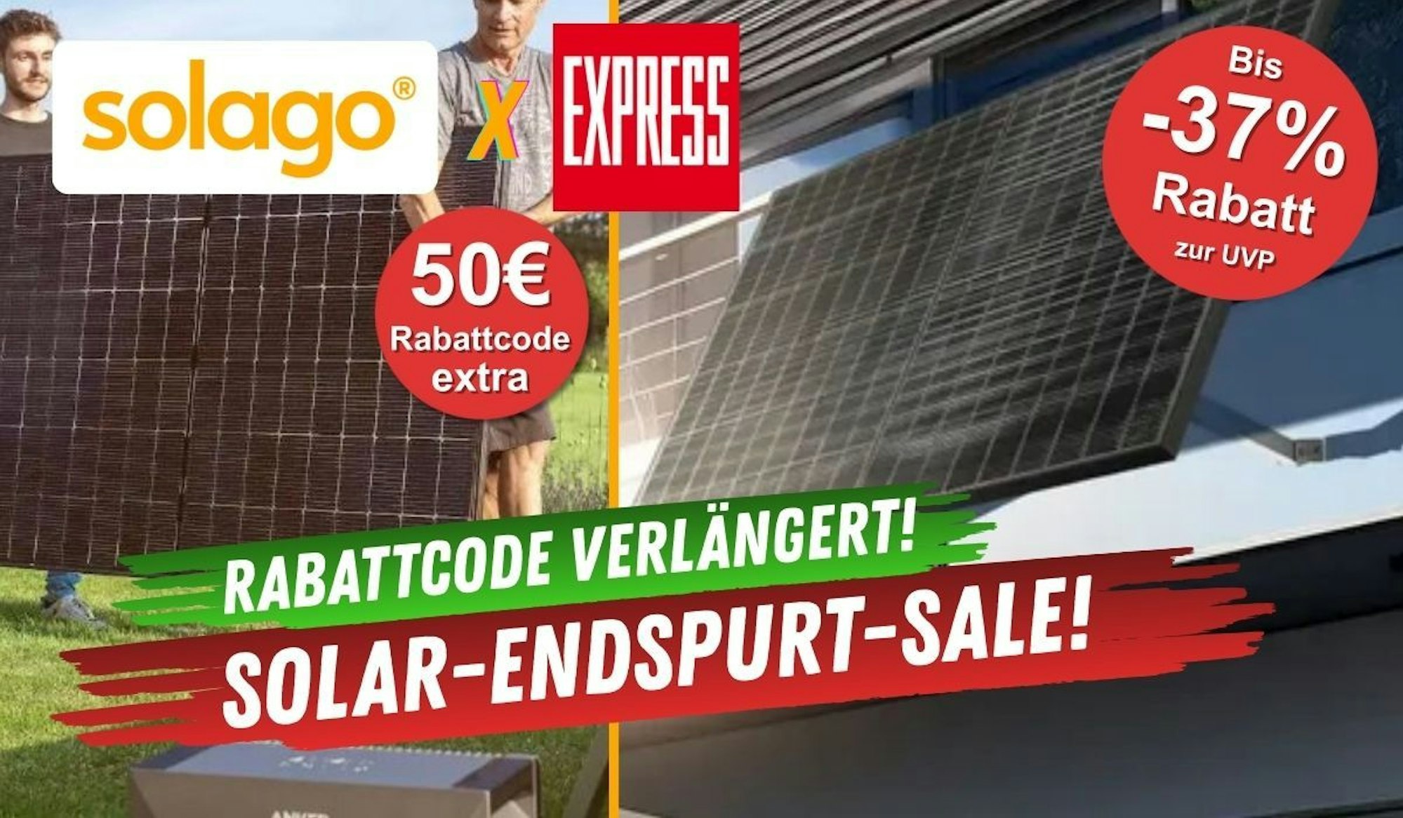 Zwei Männer tragen ein Solago Balkonkraftwerk Solarpanel über einen Rasen. Außerdem ein Solarpanel hängend an einem Gitterbalkon.